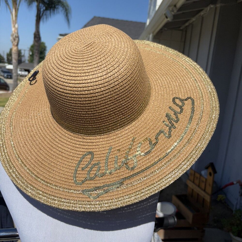 Women’s Wide-Brim Straw Sun Hat – “California” Embroidered Script